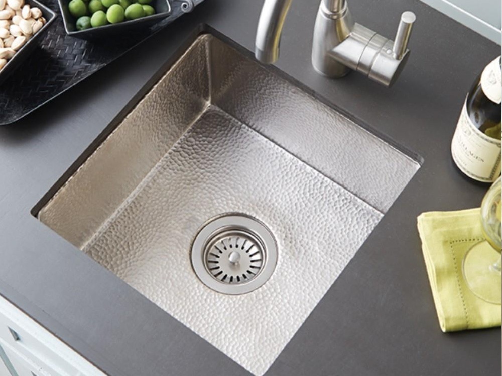 Square hand hammered copper under mount bar and prep sink